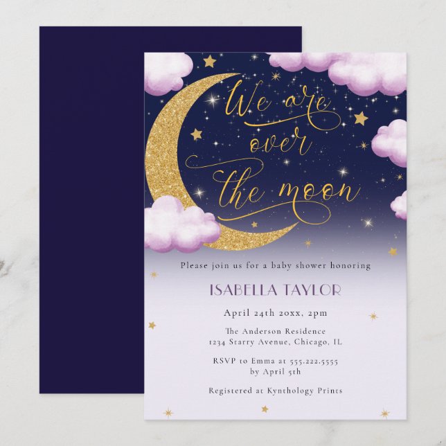 Invitation Au-dessus du Baby shower de la fille rose lune (Devant / Derrière)
