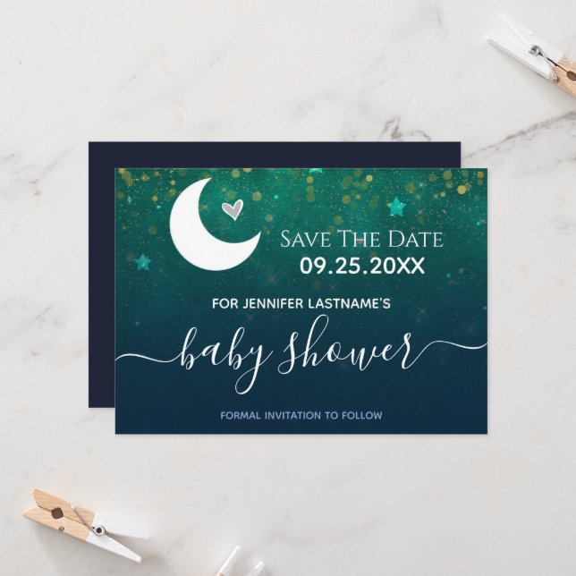 Invitation Au-dessus du Baby shower de la Lune Économisez l'i (Devant/Arrière en situation)