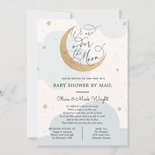 Invitation Au-dessus du Baby shower de la Lune par courrier (Devant)