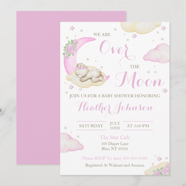 Invitation Au-Dessus Du Baby shower De L'Ours Fille Lune (Devant / Derrière)