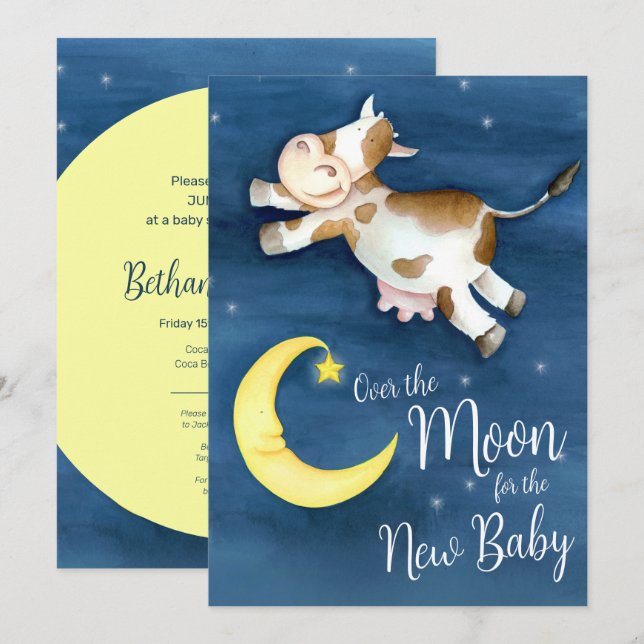 Invitation Au-dessus du baby shower de saut de vache lune (Devant / Derrière)
