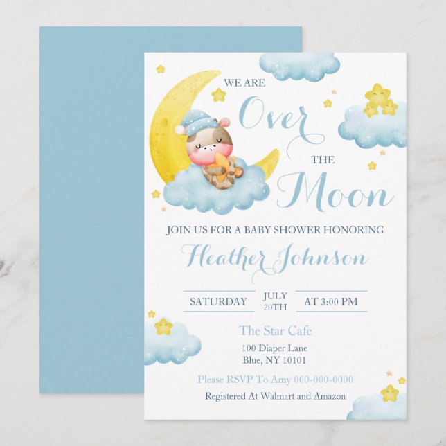 Invitation Au-Dessus Du Baby shower De Vache Lune Boy (Devant / Derrière)