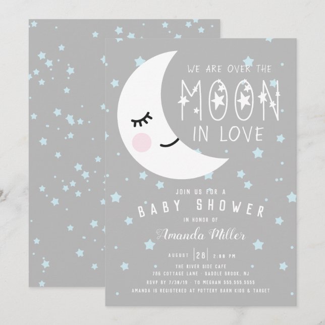 Invitation Au-Dessus Du Baby shower Du Garçon Lune (Devant / Derrière)