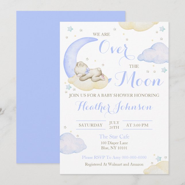 Invitation Au-dessus du Baby shower Lune Boy Bear (Devant / Derrière)
