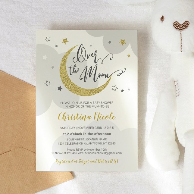 Invitation Au-dessus du Baby shower Lune Grey Gold Stars (Créateur téléchargé)