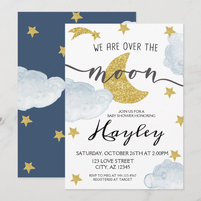 Invitation Au-dessus du Baby shower Lune Steel Blue Boys (Devant / Derrière)