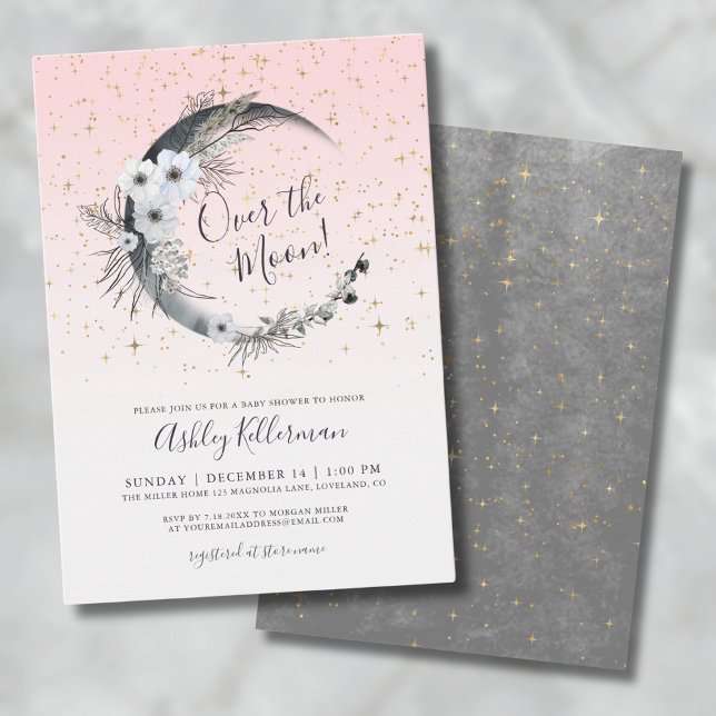 Invitation Au-Dessus Du Baby shower Rose De La Fille Lune (Moon and Stars Pink Baby Shower Invitation)