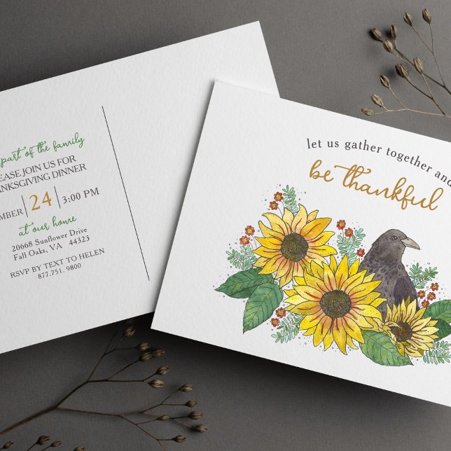 Invitation au dîner de Thanksgiving avec des tourn (Postcard Invitation for Thanksgiving Dinner Featuring Watercolor Crow in Sunflowers Design)
