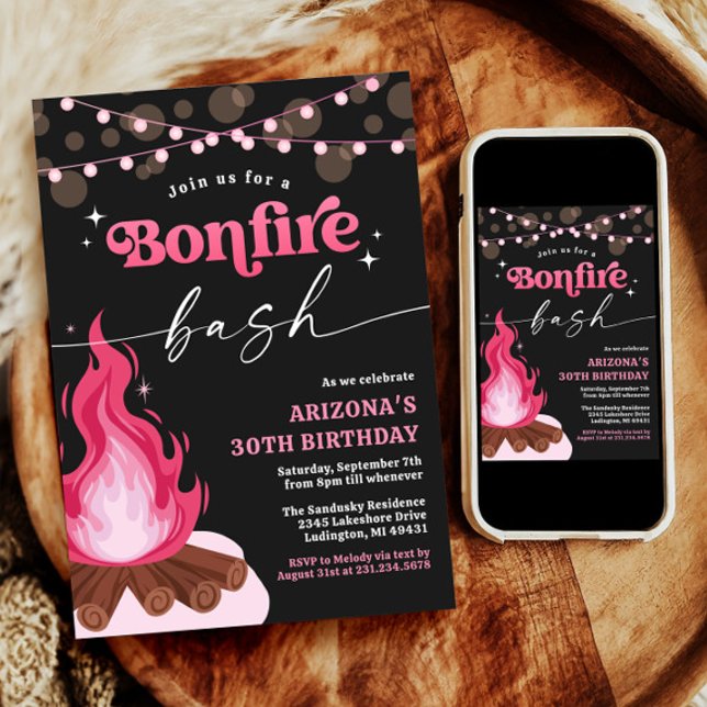 Invitation au feu de camp rose moderne - Bassin au (Pink Birthday Bonfire Invitation)