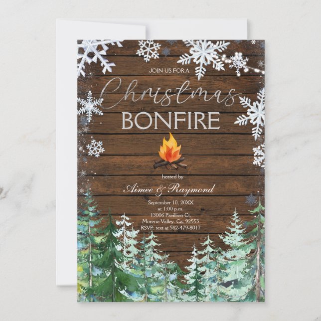 Invitation au feu de Noël en bois rustique (Devant)