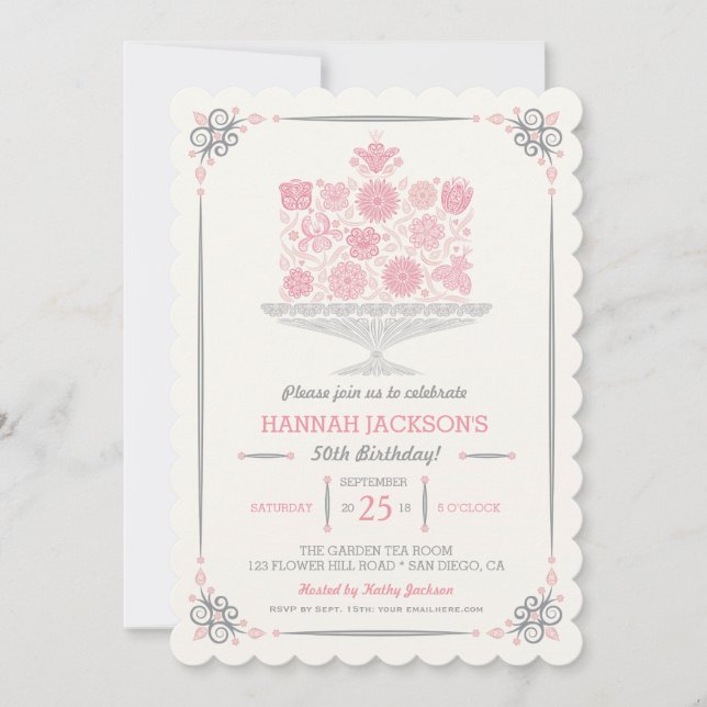 Invitation au gâteau d'anniversaire Lacy Flower (Devant)