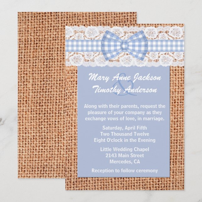 Invitation au Mariage campagnard Burlap & En vichy (Devant / Derrière)
