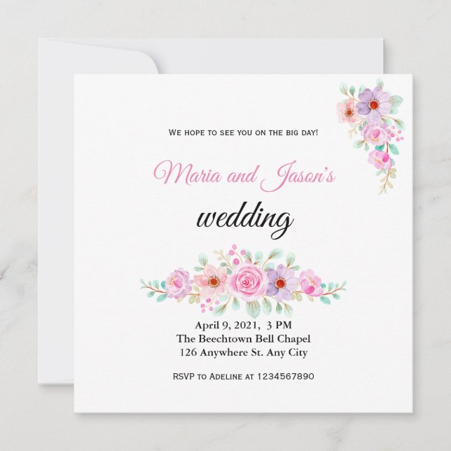 Invitation au Mariage campagnard floral rose (Devant)