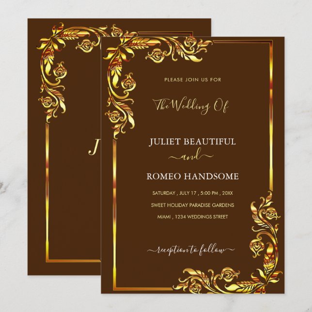 Invitation au mariage de cadres floraux d'or - Cou (Devant / Derrière)