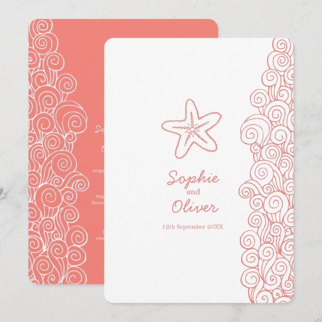 Invitation au mariage de la plage de corail tourbi (Devant / Derrière)