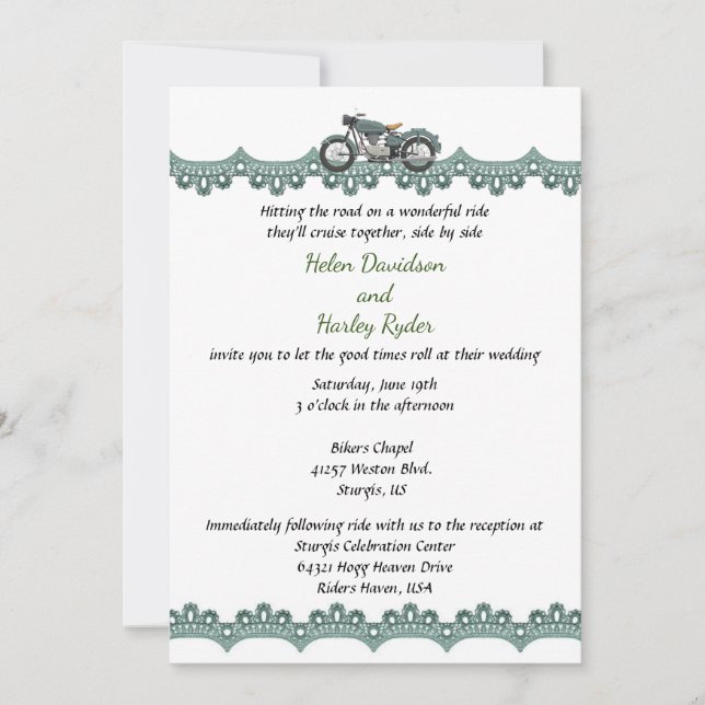 Invitation au mariage élégante pour moto et dentel (Devant)