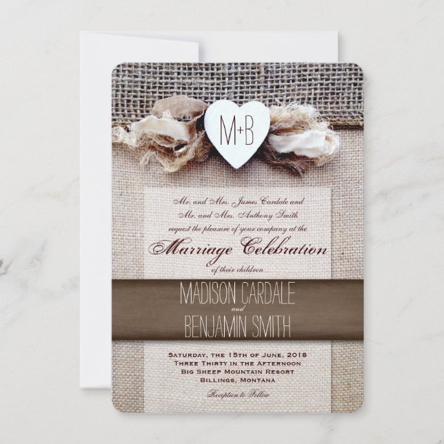 Invitation au mariage initial du coeur de Burlap (Devant)