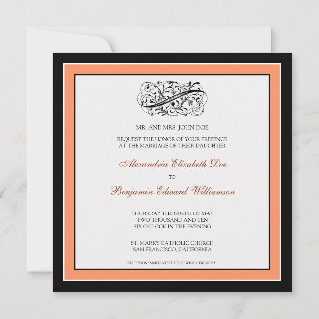 Invitation au mariage tout simple (noir/corail) (Devant)