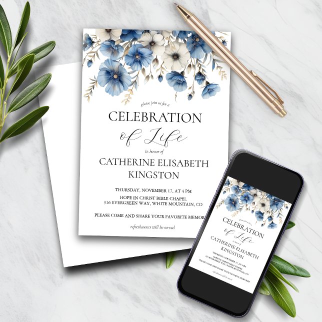 Invitation au Mémorial Floral bleu et blanc Dusty (Créateur téléchargé)