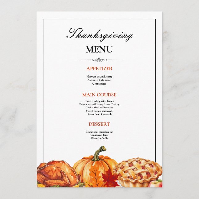 Invitation au menu du dîner de Thanksgiving, Thank (Devant)