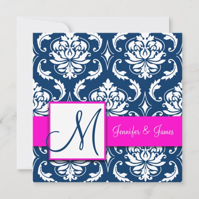 Invitation au monogramme Damas bleu de la marine d (Devant)
