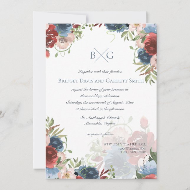 Invitation au Monogramme Floral Bourgogne et bleu (Devant)
