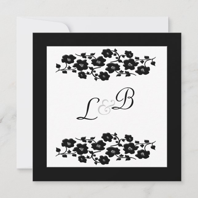 Invitation au monogramme floral noir et blanc (Devant)