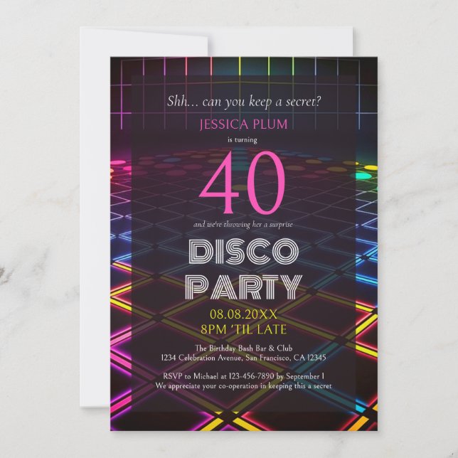 Invitation au Neon Disco Party pour le 40e anniver (Devant)