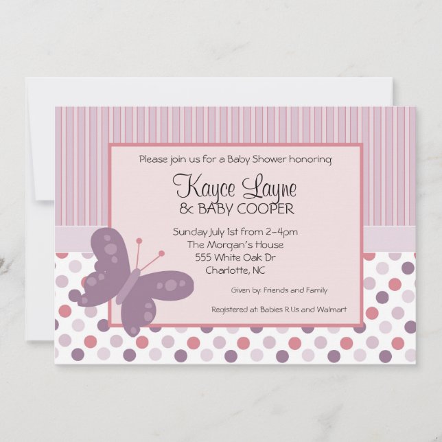 Invitation au papillon mauve par bandes et points (Devant)
