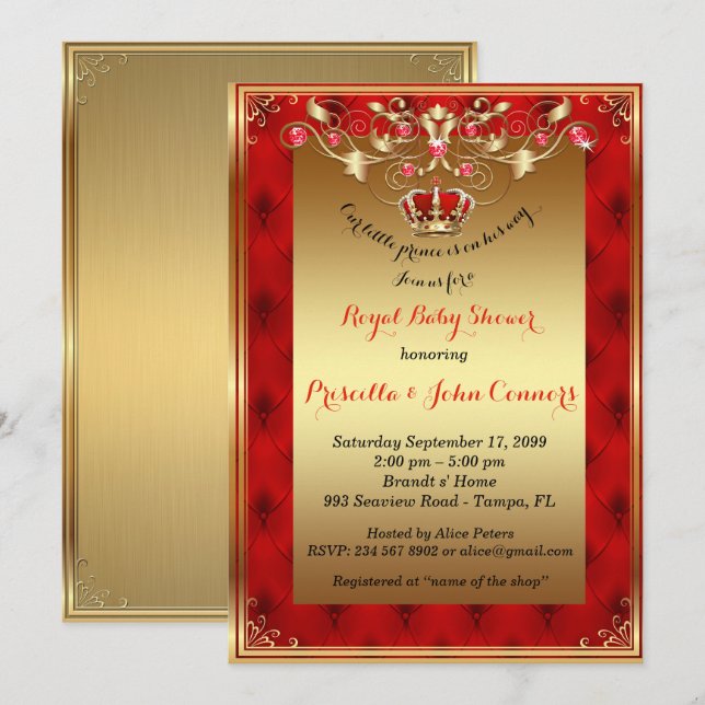 Invitation au petit Baby shower Prince, or, rouge (Devant / Derrière)