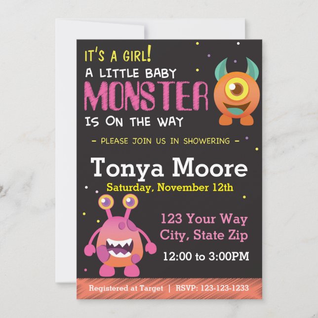 Invitation au petit Baby shower rose Monster (Devant)