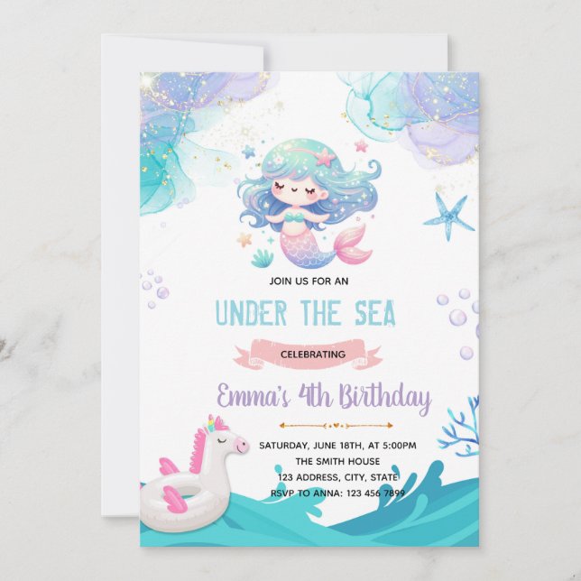 Invitation au pool de Mermaid Unicorn (Devant)