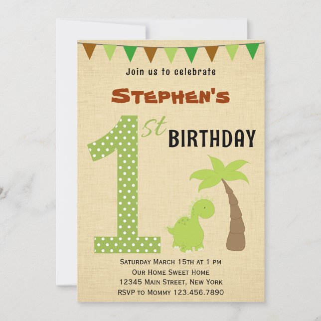 Invitation au premier anniversaire de Cute Dinosau (Devant)