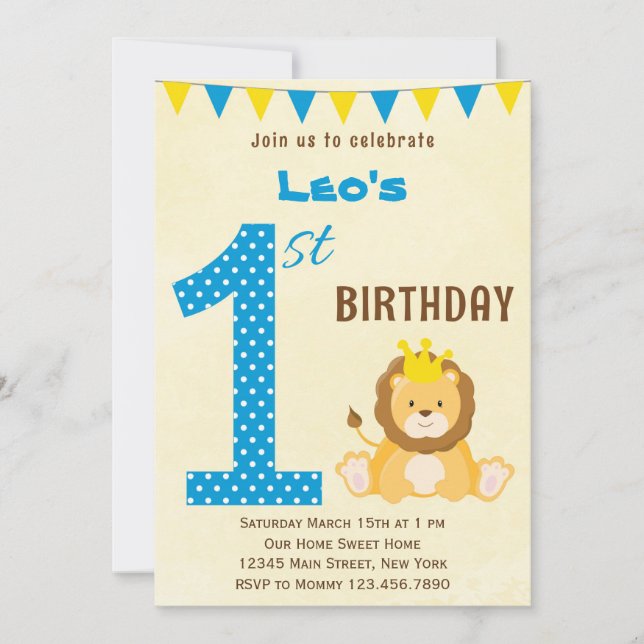 Invitation au premier anniversaire du lion mignon (Devant)