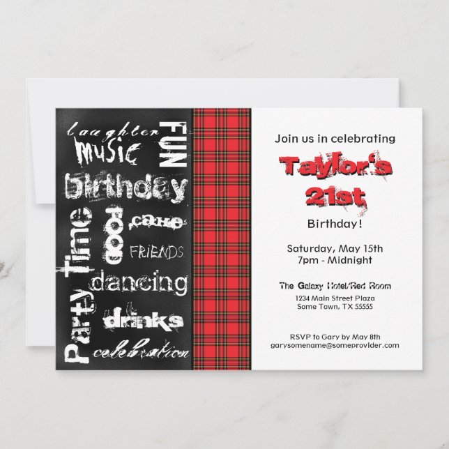 Invitation au Red Plaid and Grunge Chalkboard Part (Devant)