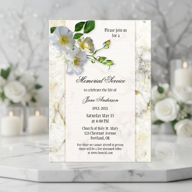 Invitation au service commémoratif des funérailles (Elegant floral memorial or funeral service invitation featuring a marble design with white roses.)