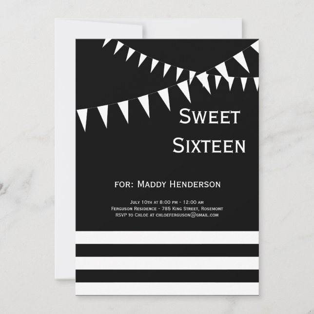 Invitation au Sweet sixteen noir et blanc (Devant)
