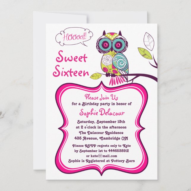 Invitation au Sweet sixteen rose chaud de Chouette (Devant)