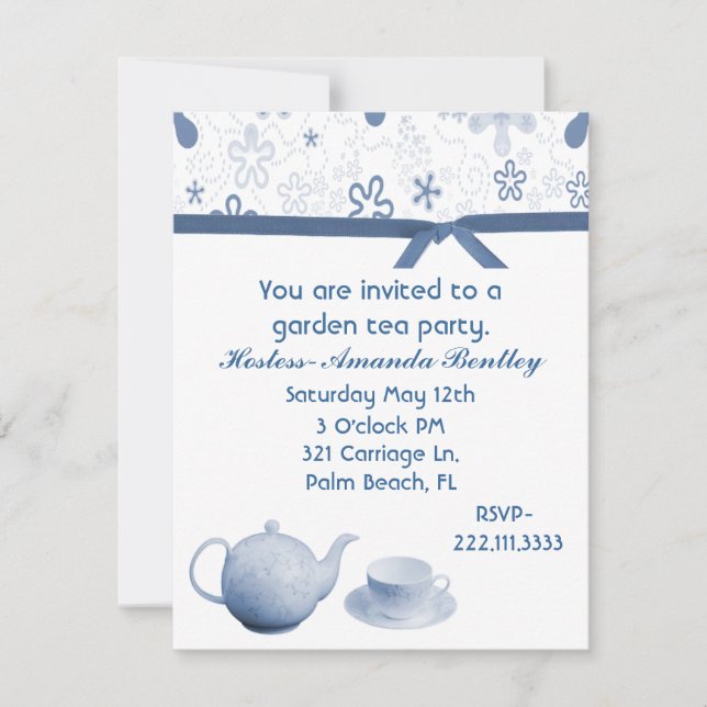 Invitation au Tea Party de charme bleu et blanc (Devant)