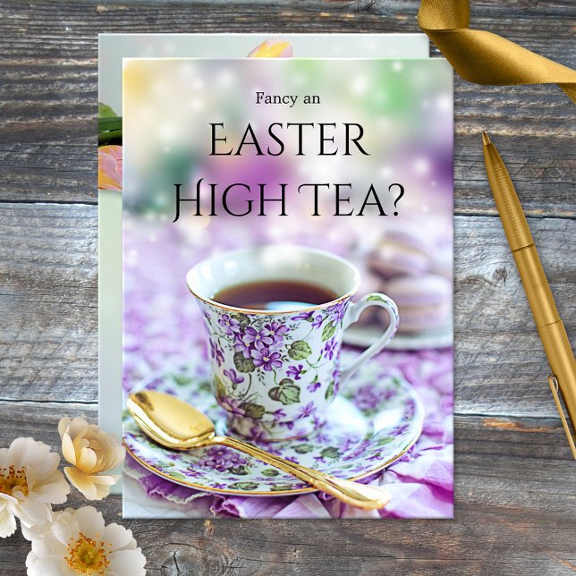 Invitation au thé à la britannique ou au brunch de (British style Easter brunch or High Tea invitation featuring a colorful tea and spring tulip flowers)