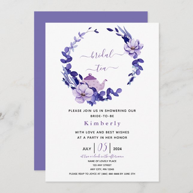 Invitation au thé de mariée violet et lavande (Devant / Derrière)