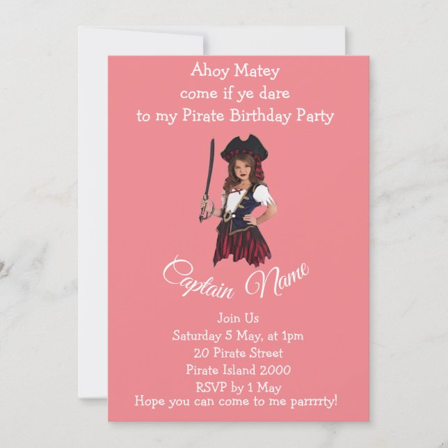 Invitation au thème pirate rose pour fille (Devant)