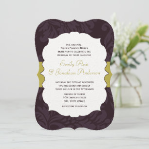 Invitation Aubergine et Golden Chartreuse Mariage damassé