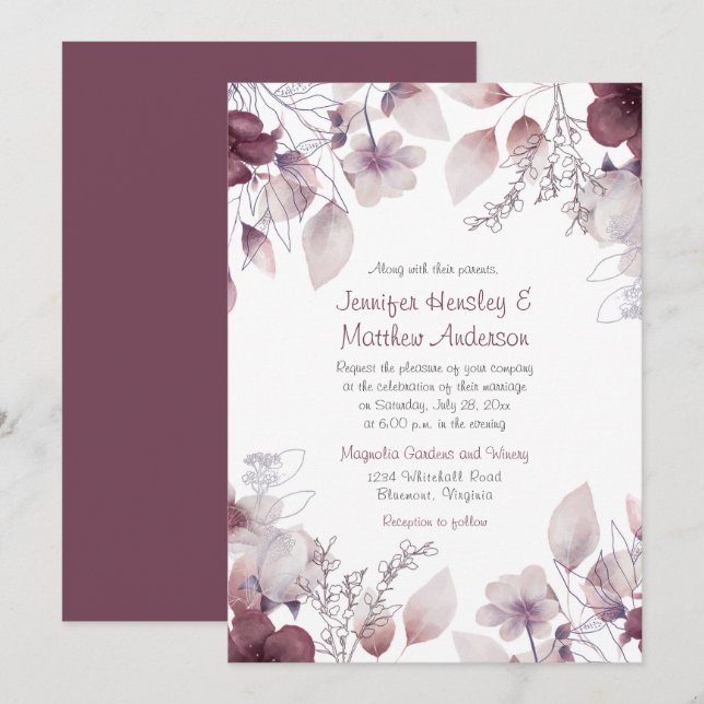 Invitation Aubergine, Purple Dusty, Floral Rose Mauve (Devant / Derrière)