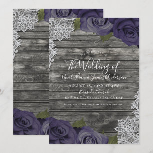 Invitation Aubergine Roses Blanches Rustiques Dentelle de Mar