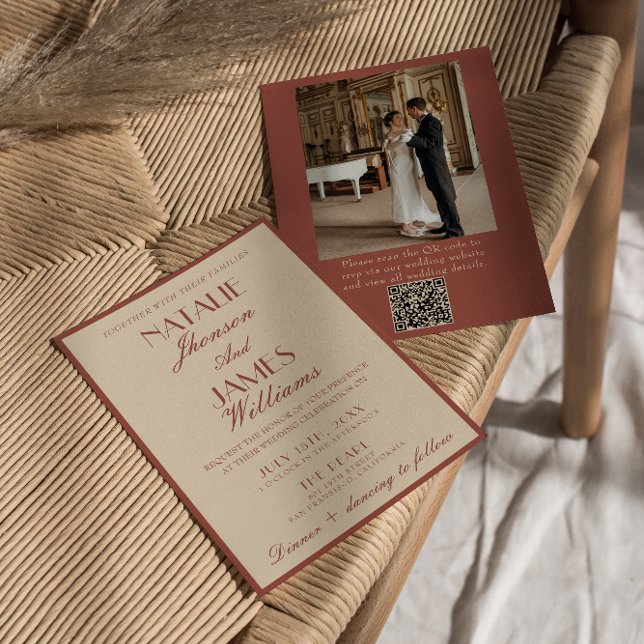 Invitation Auburn Copper Old Money QR Code Photo Wedding (Créateur téléchargé)