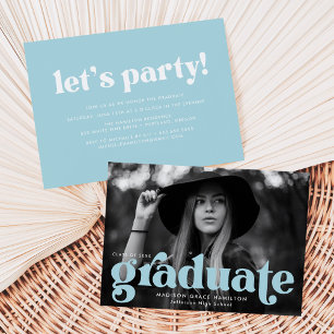 Invitation Audacieuse Typographie Ciel Blue Photo Graduation 