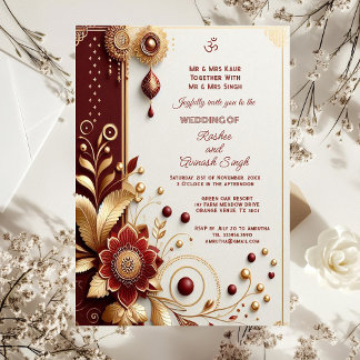 Invitation Auspicious Gold Ornat Maroon Motifs floraux Indien