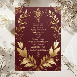 Invitation Auspicious Gold Ornate Maroon Leafy Swirls Indian