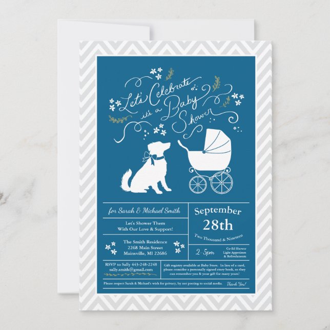 Invitation Australian Shepherd Chien Baby shower Blue Boy (Devant)